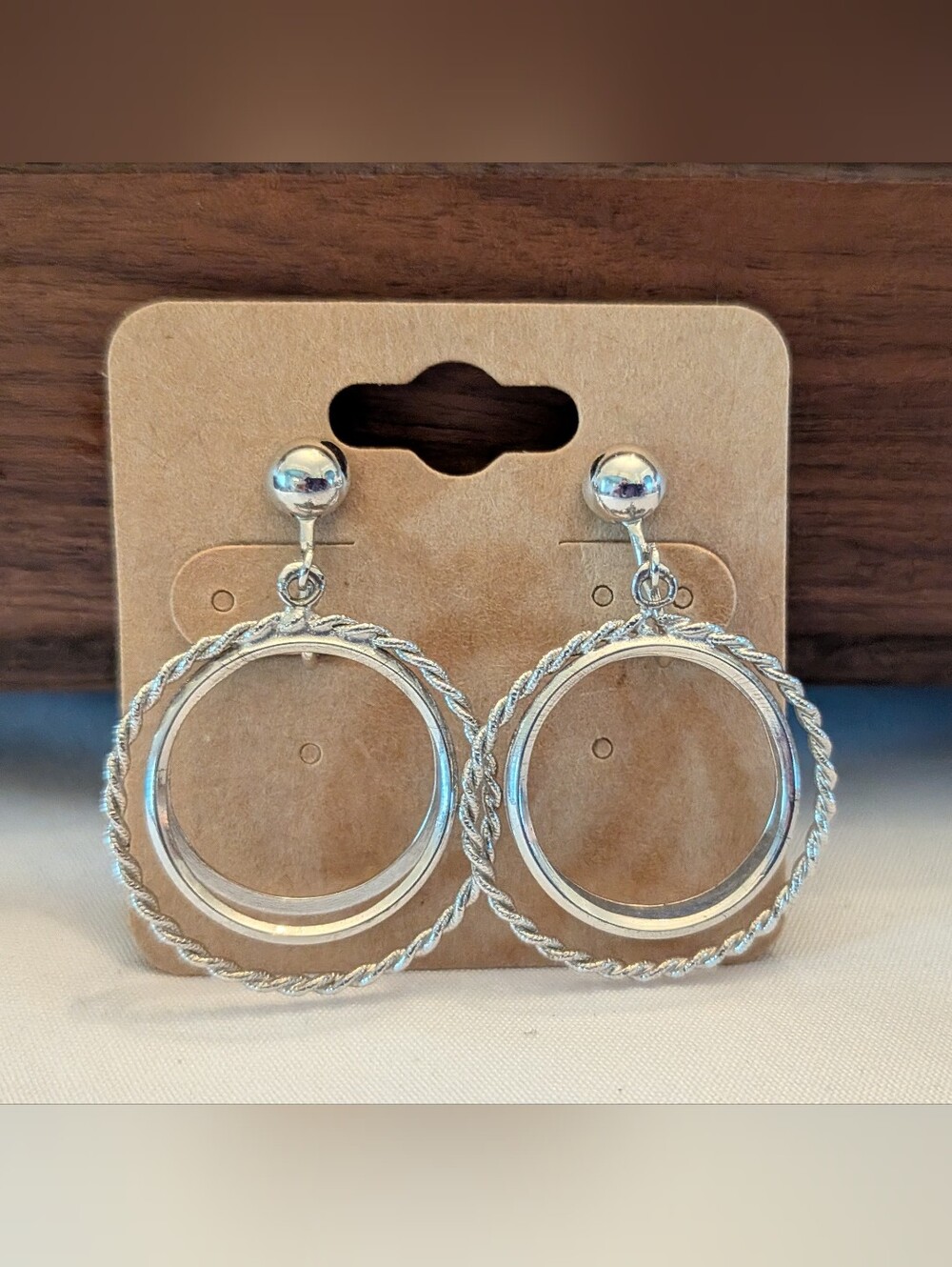 Silver Double Hoop Drop Clip On Earrings - Women Jewelry